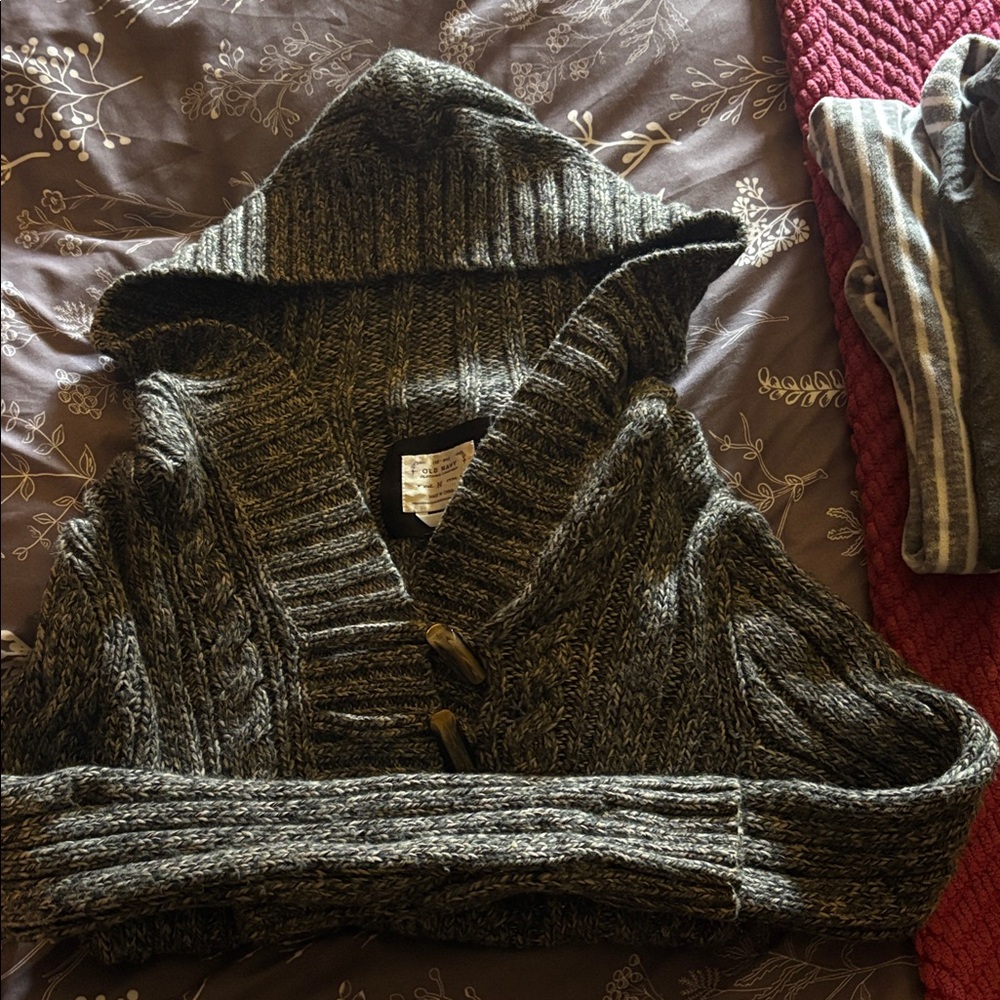 Old Navy Gray and Black Knit Hooded Cardigan